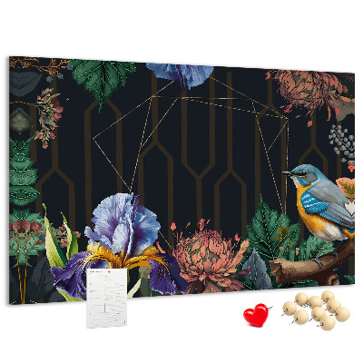Panou de pluta Model floral cu o pasăre colorată