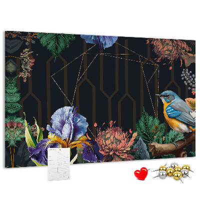Panou de pluta Model floral cu o pasăre colorată