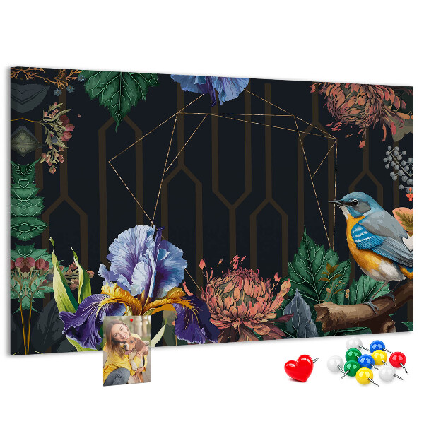 Panou de pluta Model floral cu o pasăre colorată