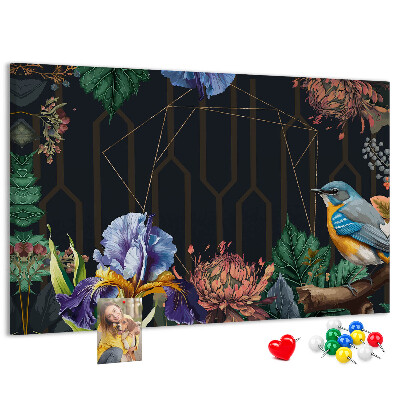 Panou de pluta Model floral cu o pasăre colorată