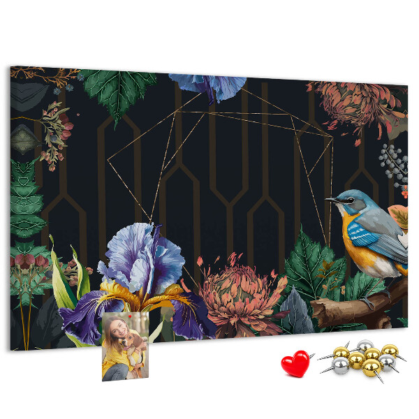 Panou de pluta Model floral cu o pasăre colorată