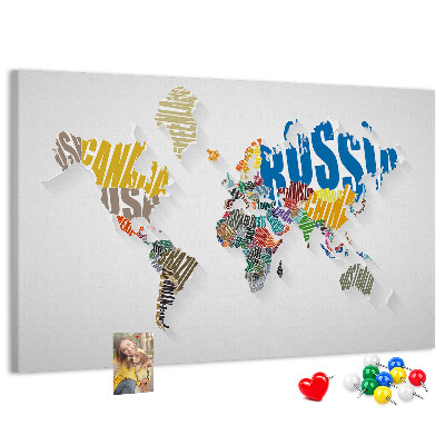 Panou de pluta Hartă colorată a lumii cu nume de țări