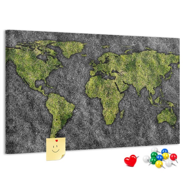 Panou din pluta Hartă verde a lumii pe fundal gri