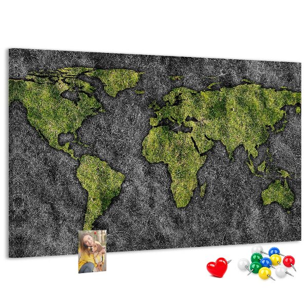 Panou din pluta Hartă verde a lumii pe fundal gri