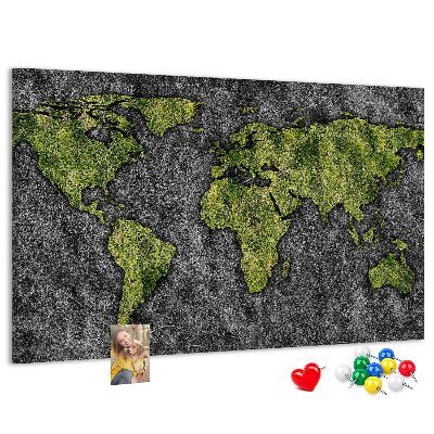 Panou din pluta Hartă verde a lumii pe fundal gri