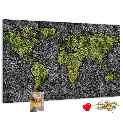 Panou din pluta Hartă verde a lumii pe fundal gri