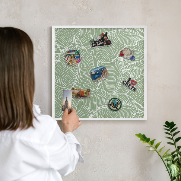 Tablă metalică de perete cu ramă de culoare albă Frunze tropicale