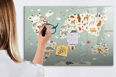 Tablă cu marker Hartă a lumii cu ilustrații cu animale