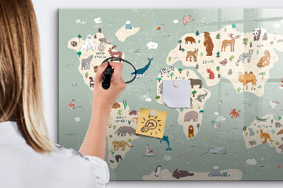 Tablă cu marker Hartă a lumii cu ilustrații cu animale