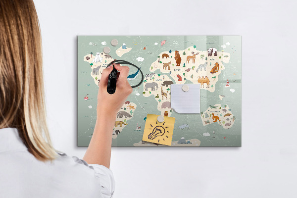 Tablă cu marker Hartă a lumii cu ilustrații cu animale