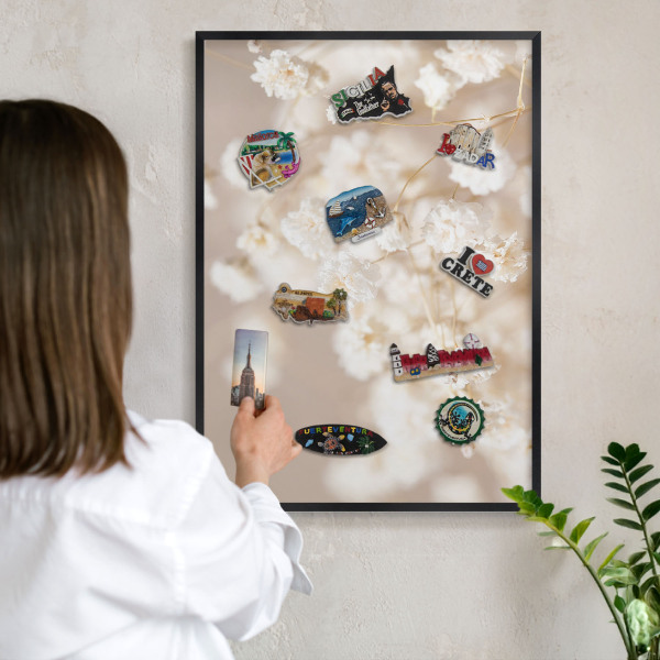 Panou magnetic mural decorativ cadru negru Flori bej