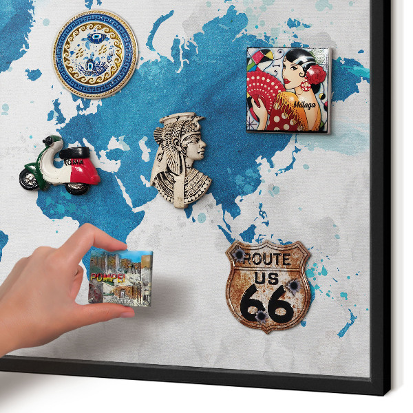 Tablă metalică pentru magneți din călătorii în cadru negru Hartă în acuarelă