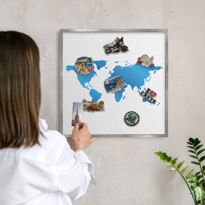 Tablă magnetică pentru colecția de magneți cadru argintiu Harta lumii