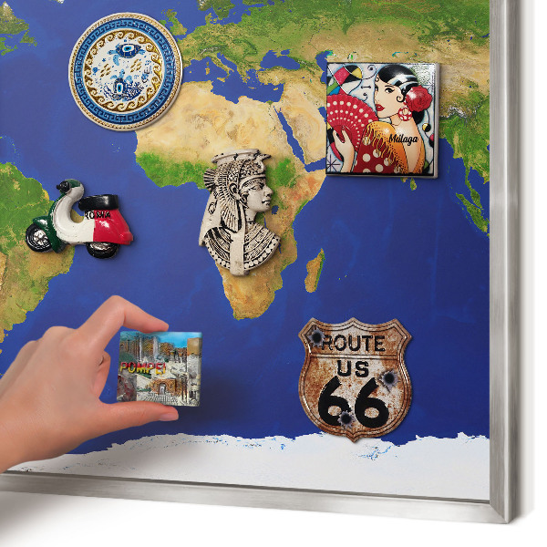 Tablă magnetică pentru colecția de magneți cadru argintiu Cartografierea globului