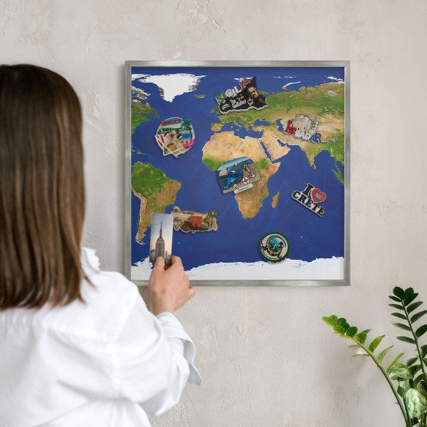 Tablă magnetică pentru colecția de magneți cadru argintiu Cartografierea globului