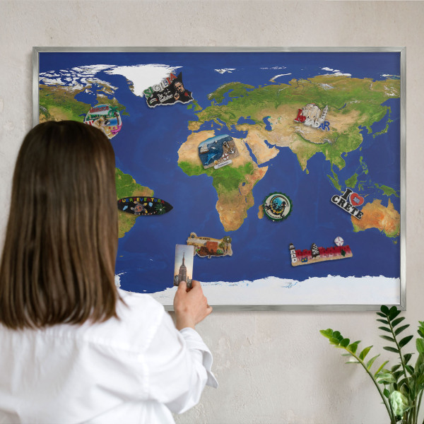 Tablă magnetică pentru colecția de magneți cadru argintiu Cartografierea globului