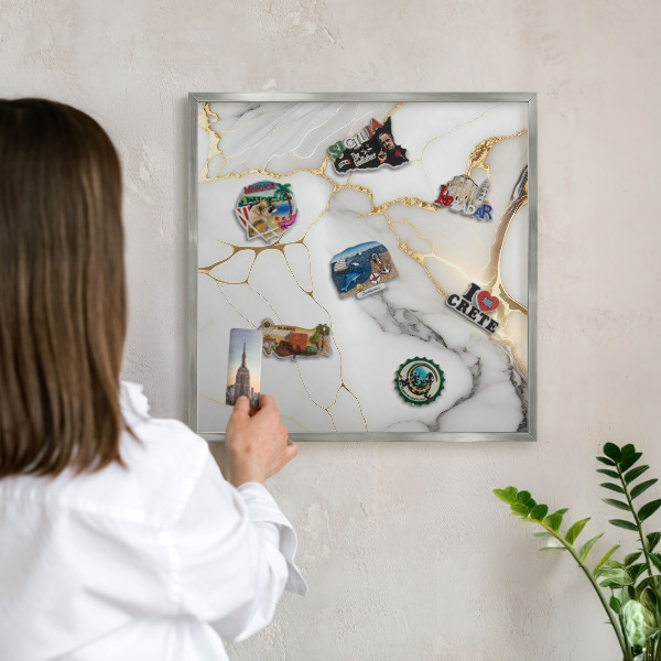 Tablă magnetică pentru colecția de magneți cadru argintiu Marmură abstractă