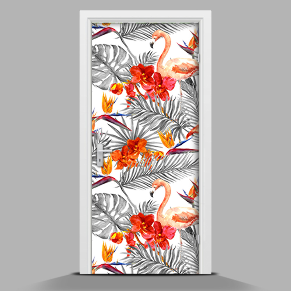 Tapet autocolant pentru uși flamingo tropicale
