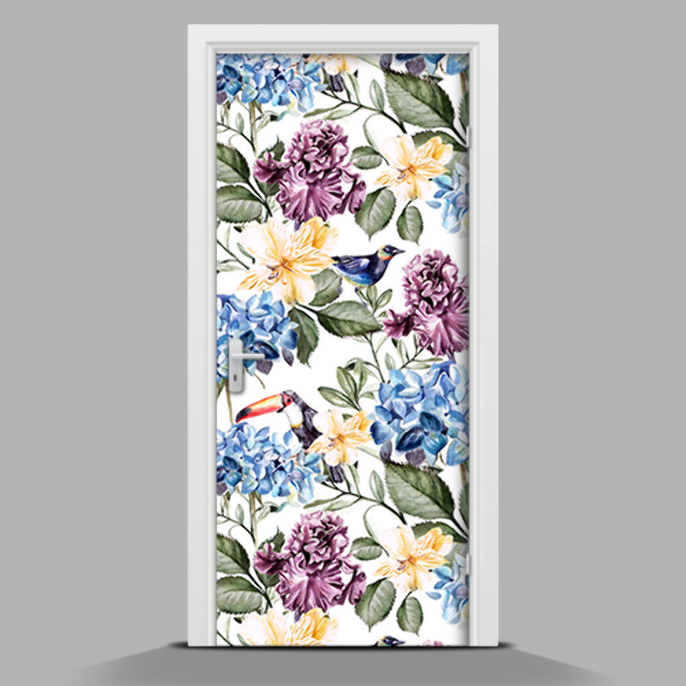 Autocolant de uşă flori colorate și tucani
