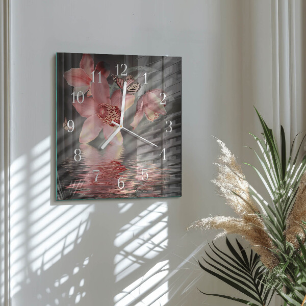 Ceas pătrat de perete din sticlă Orhidee