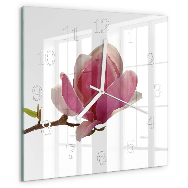 Ceas pătrat de perete din sticlă Floare de magnolie