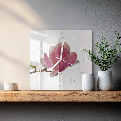 Ceas pătrat de perete din sticlă Floare de magnolie