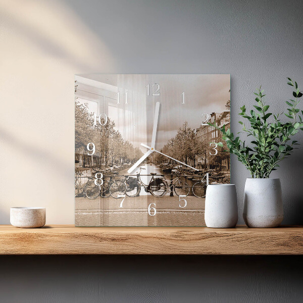 Ceas pătrat de perete din sticlă Amsterdam Sepia