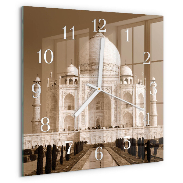 Ceas pătrat de perete din sticlă Taj Mahal Sepia
