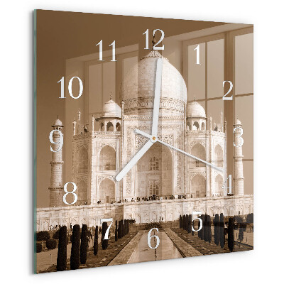 Ceas pătrat de perete din sticlă Taj Mahal Sepia