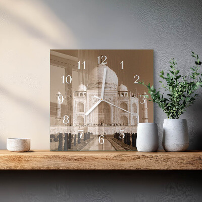 Ceas pătrat de perete din sticlă Taj Mahal Sepia
