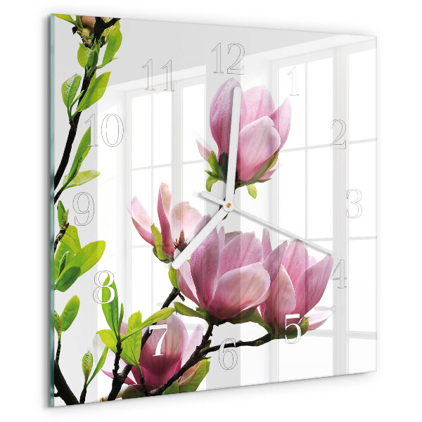 Ceas pătrat de perete din sticlă Floare de magnolie