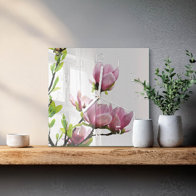 Ceas pătrat de perete din sticlă Floare de magnolie