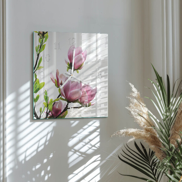 Ceas pătrat de perete din sticlă Floare de magnolie