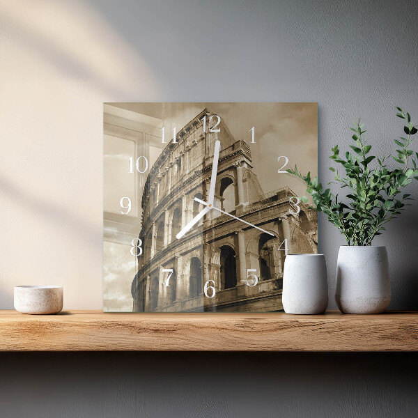 Ceas pătrat de perete din sticlă Colosseumul Sepia