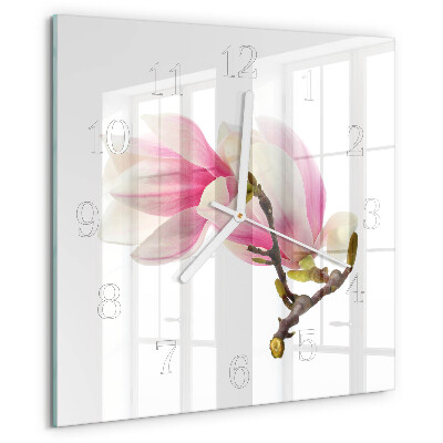 Ceas pătrat de perete din sticlă Floare de magnolie