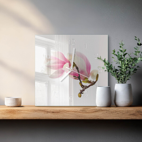 Ceas pătrat de perete din sticlă Floare de magnolie