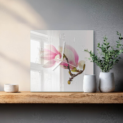 Ceas pătrat de perete din sticlă Floare de magnolie