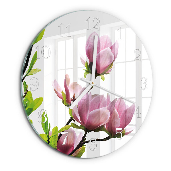 Ceas rotund de perete din sticlă Floare de magnolie