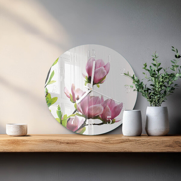 Ceas rotund de perete din sticlă Floare de magnolie