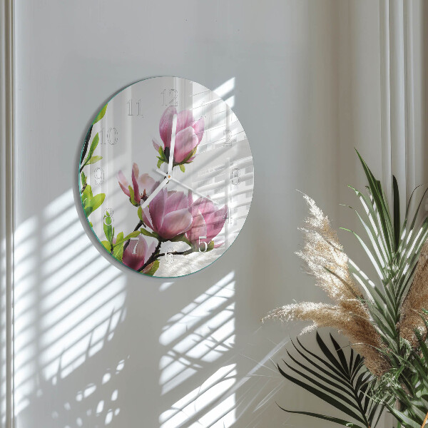 Ceas rotund de perete din sticlă Floare de magnolie