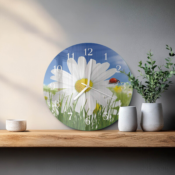 Ceas rotund de perete din sticlă Floare și Buburuză