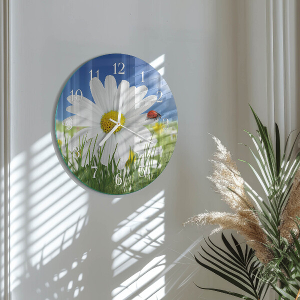 Ceas rotund de perete din sticlă Floare și Buburuză